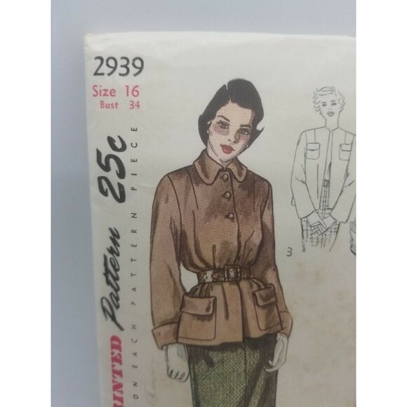 Simplicity 1949 Sewing Pattern #2939 Junior Misses & Misses Two Pc Suit Size 16 - Picture 2 of 3